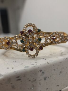 Gold-Tone Floral Crystal Bracelet with Ruby & Emerald Accents